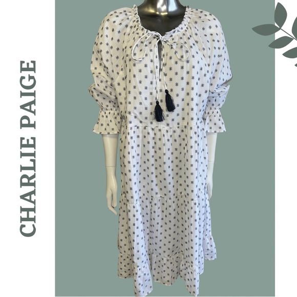 Charlie Paige Relaxed Fit Cotton Dress 3/4 Length Sleeve Tassel White Dark Blue - Picture 3 of 10